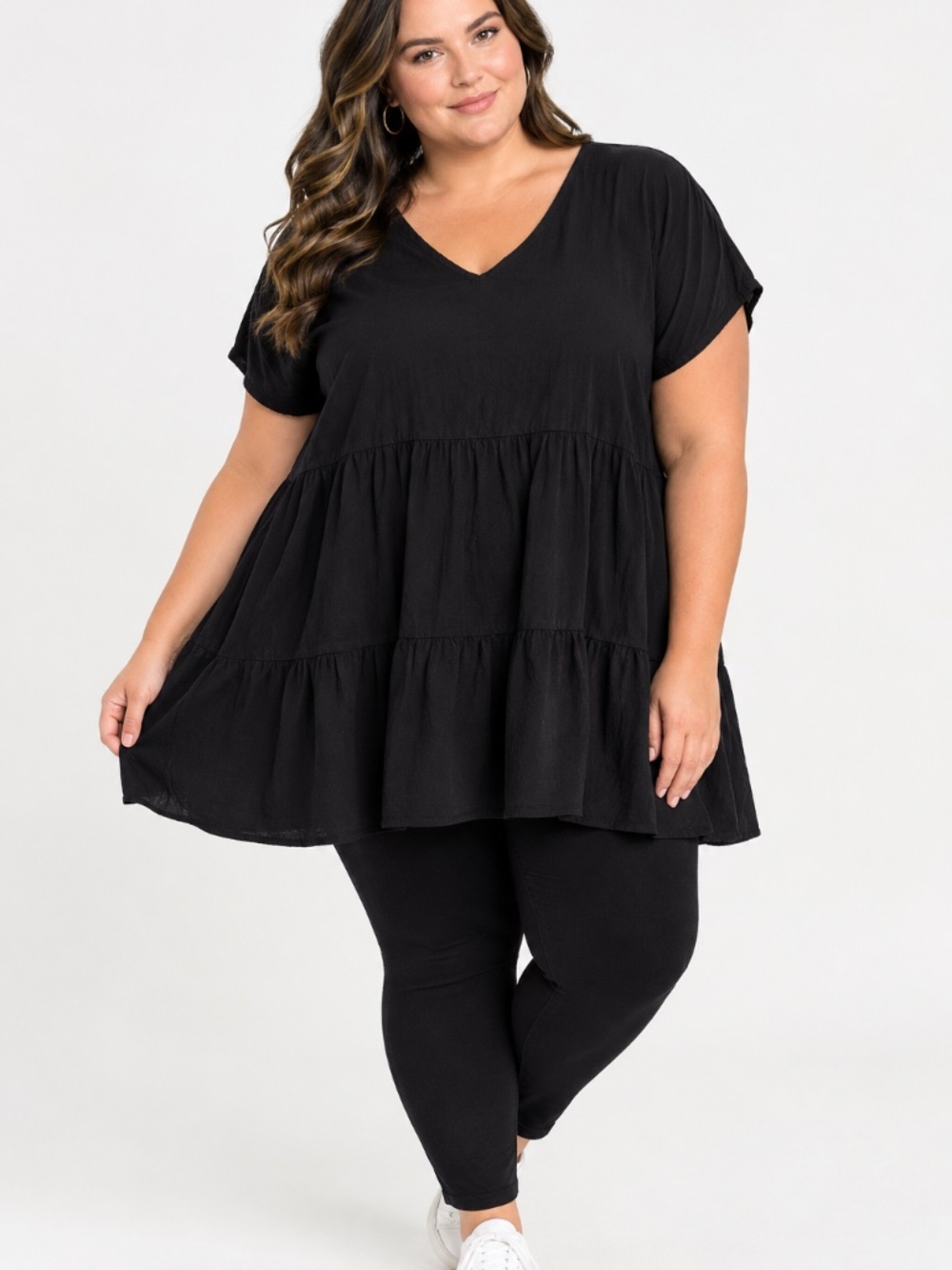 Lane Bryant Black Tiered Babydoll Dress Tunic Top V-Neck Plus 24 Short Sleeve